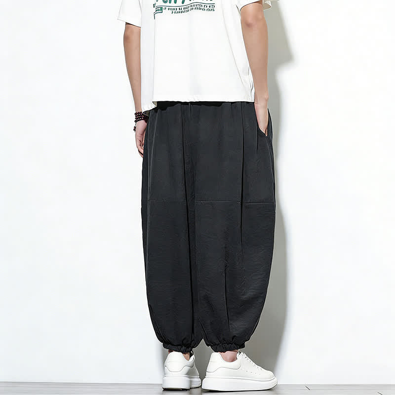 Buddha Stones Spring Solid Color Drawstring Cropped Men's Harem Cotton Pants With Pockets - image 22