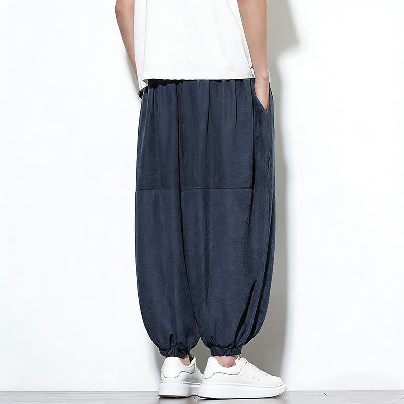 Buddha Stones Spring Solid Color Drawstring Cropped Men's Harem Cotton Pants With Pockets - image 8