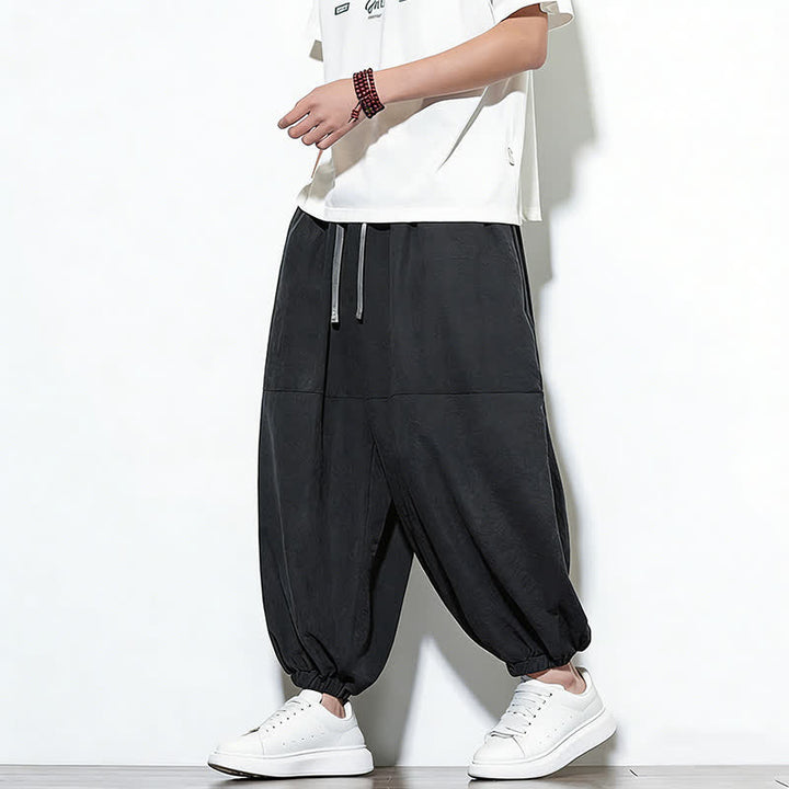Buddha Stones Spring Solid Color Drawstring Cropped Men's Harem Cotton Pants With Pockets - image 24