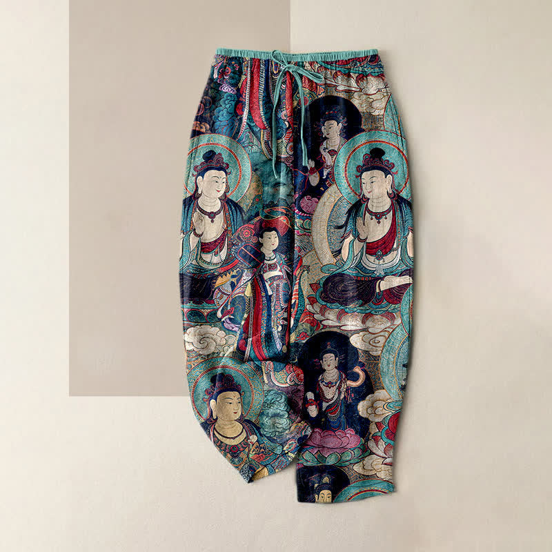Buddha Stones Multiple Buddhas Pattern Elastic Waist Women's Pure Cotton Pants With Pockets - Turquoise - US16，UK/AU20，EU48 (3XL) - image 4