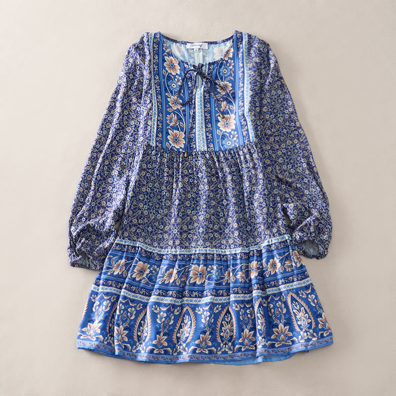 Buddha Stones Fall Boho Floral Paisley Cotton Bracelet Sleeve Women's Mini Dress with Puff Sleeves and Tie Neck - image 0