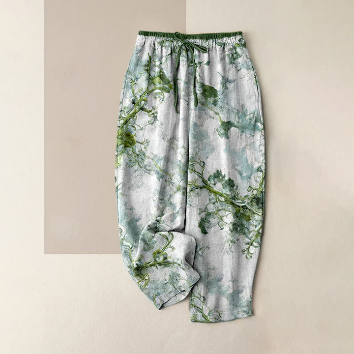 Buddha Stones Print Branches Floral Elements Women's Pure Cotton Pants With Pockets - Teal - US16，UK/AU20，EU48 (3XL) - image 0