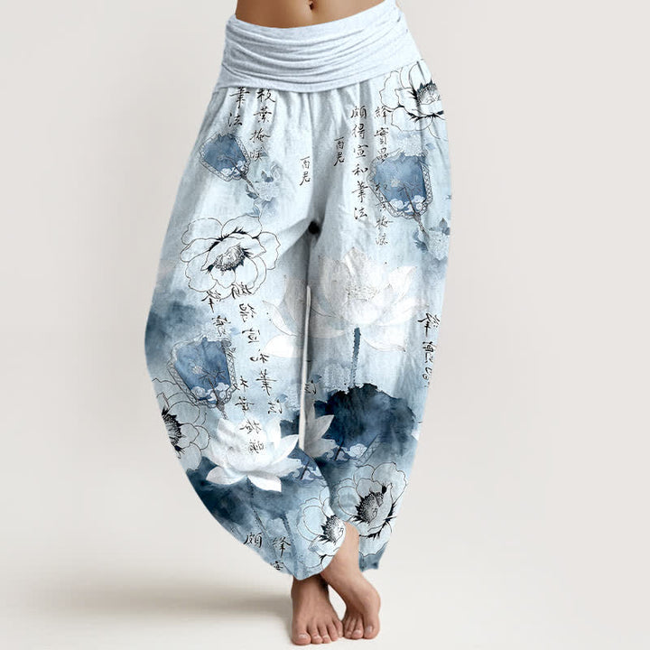Buddha Stones Pure Cotton Lotus Flowers Fans Calligraphy Women's Harem Elastic Waist Pants - LightSkyBlue - US16，UK/AU20，EU48 (3XL) - image 5