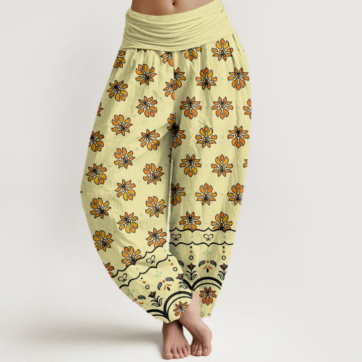 Buddha Stones Floral Pattern Pure Cotton Women's Harem Elastic High Waist Pants - Yellow - US16，UK/AU20，EU48 (3XL) - image 8