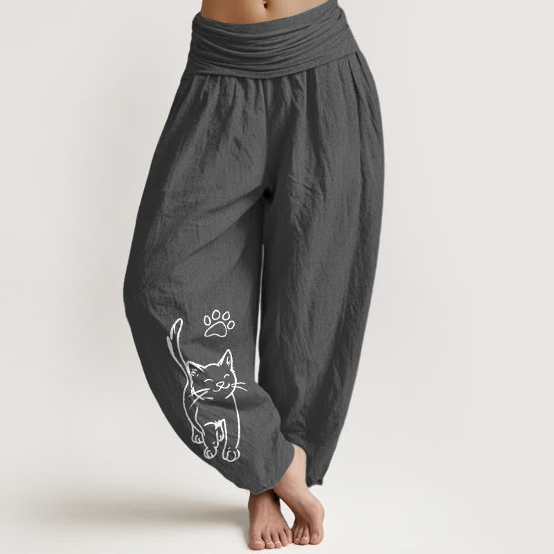 Buddha Stones Pure Cotton Cute Cat Print Women's Harem Elastic Waist Pants - DimGray - US16，UK/AU20，EU48 (3XL) - image 0