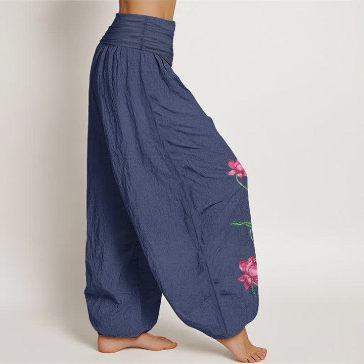 Buddha Stones Pure Cotton Lotus Flower Lotus Leaves Pattern Women's Harem Elastic Waist Pants  - image 2