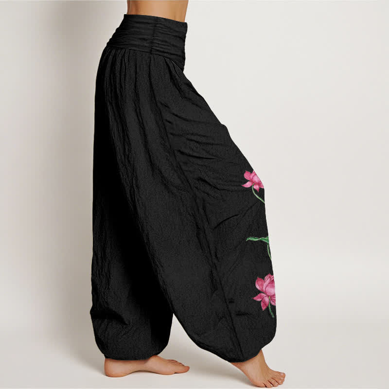 Buddha Stones Pure Cotton Lotus Flower Lotus Leaves Pattern Women's Harem Elastic Waist Pants  - image 7