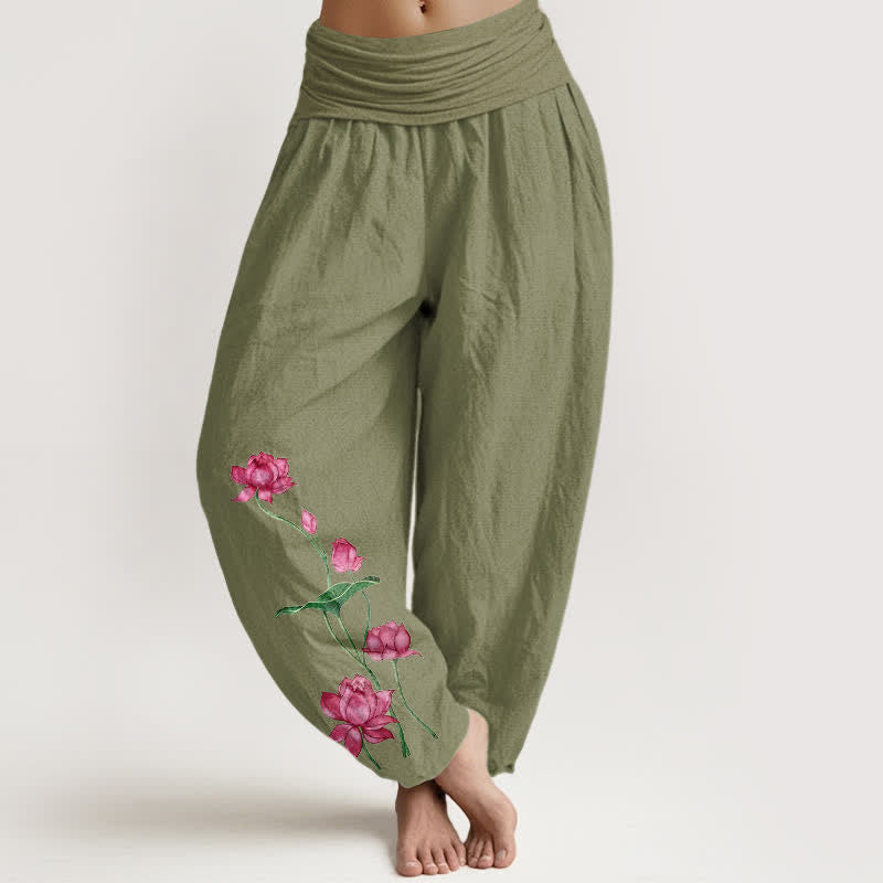 Buddha Stones Pure Cotton Lotus Flower Lotus Leaves Pattern Women's Harem Elastic Waist Pants  - OliveDrab - US16，UK/AU20，EU48 (3XL) - image 14