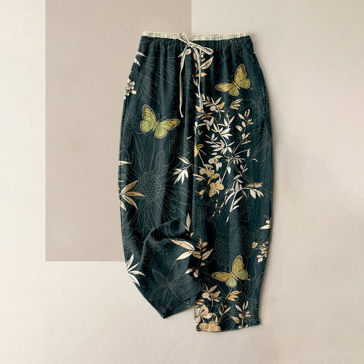 Buddha Stones Pure Cotton Butterfly leaves Flowers Pattern Drawstring Colorful Women's Pants With Pockets - DarkSlateGray - US16，UK/AU20，EU48 (3XL) - image 5