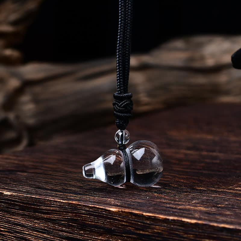 Buddha Stones Natural Clear Quartz Gourd Protection Beads Rope Necklace - Black Rope - image 4