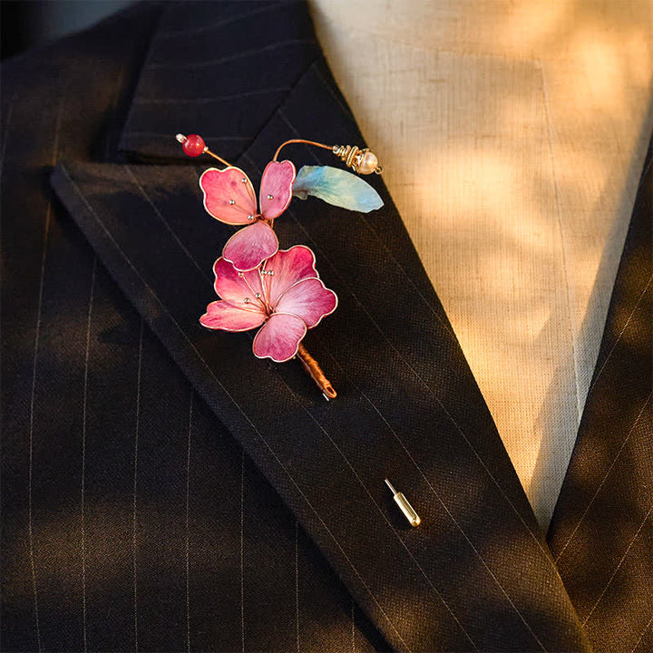 Buddha Stones Handcrafted Silk Art Velvet Flower Red Flower Brooch - image 1