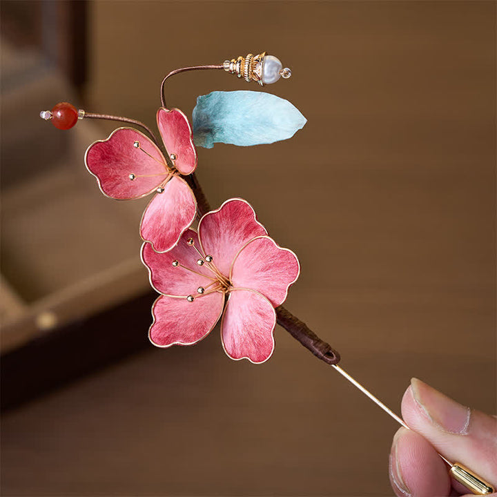 Buddha Stones Handcrafted Silk Art Velvet Flower Red Flower Brooch - image 2