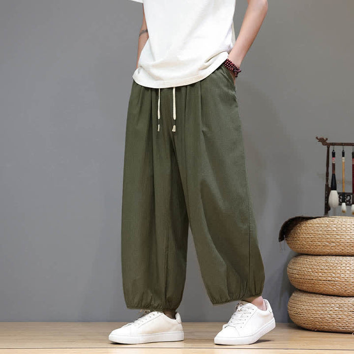 Buddha Stones Summer Zen Elastic Waist Cuff Men's Cropped Harem Pants With Pockets - image 11
