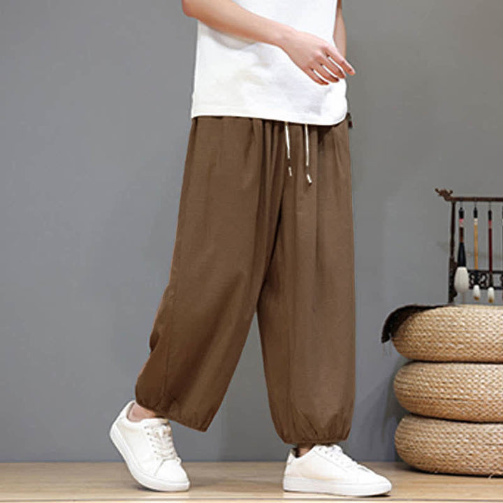 Buddha Stones Summer Zen Elastic Waist Cuff Men's Cropped Harem Pants With Pockets - image 24