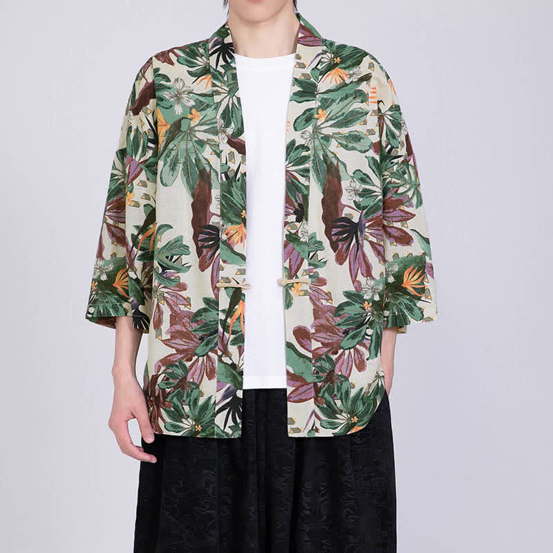 Buddha Stones Summer Tropical Leaf Print Linen Blend Men's Short Sleeve Kimono - Ivory - US/UK/AU46，EU56 (5XL) - image 4