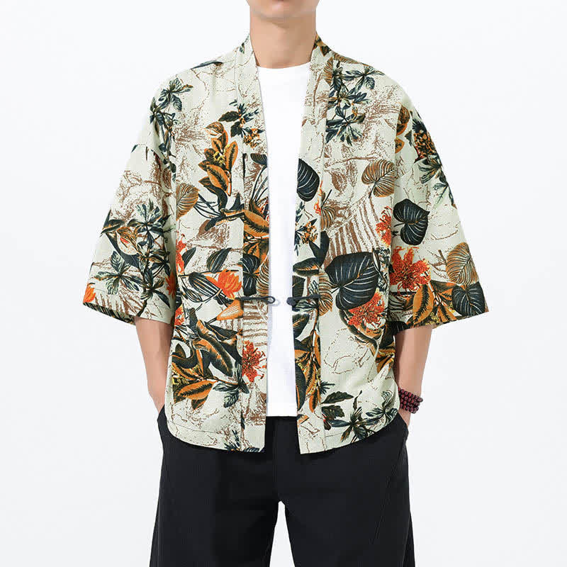 Buddha Stones Summer Tropical Leaf Print Linen Blend Men's Short Sleeve Kimono - White - US/UK/AU46，EU56 (5XL) - image 0