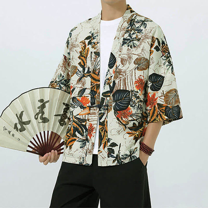 Buddha Stones Summer Tropical Leaf Print Linen Blend Men's Short Sleeve Kimono - image 3
