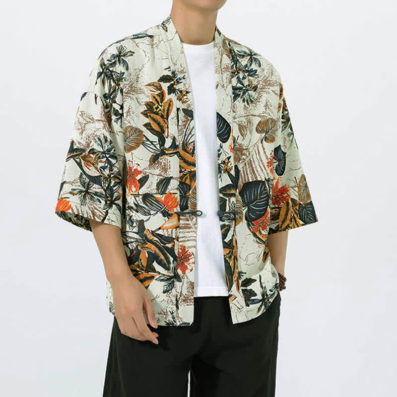 Buddha Stones Summer Tropical Leaf Print Linen Blend Men's Short Sleeve Kimono - image 1