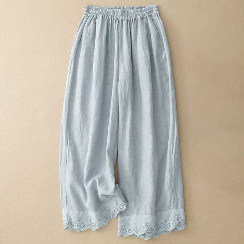 Buddha Stones Summer Linen Cotton Women's Cropped Wide Leg Pants With Pockets - PowderBlue - US8-10，UK/AU12-14，EU40-42 (2XL) - image 0