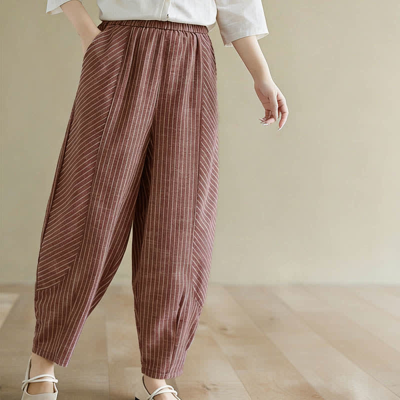 Buddha Stones Summer Casual Striped Linen Cotton Women's Tapered Pants With Pockets - image 12