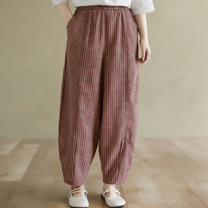 Buddha Stones Summer Casual Striped Linen Cotton Women's Tapered Pants With Pockets - image 15