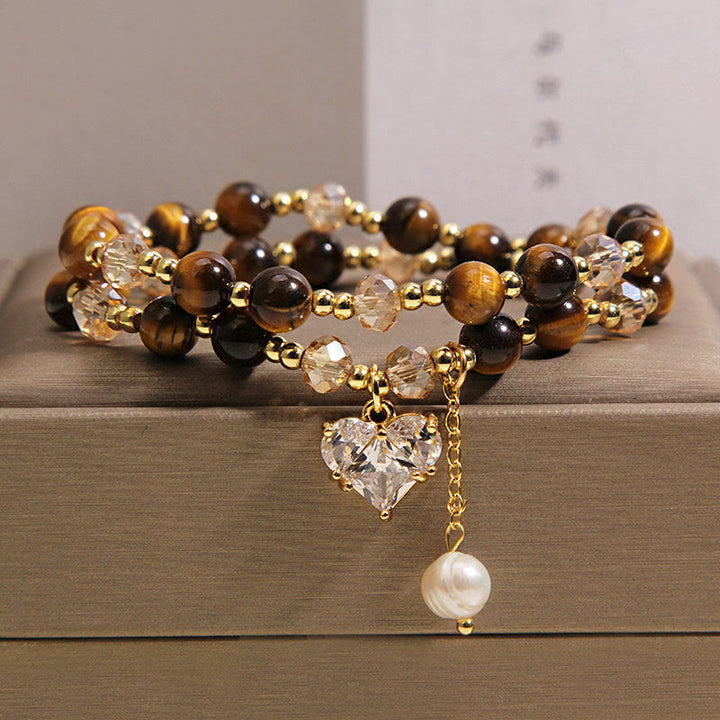 Buddha Stones Natural Tiger Eye Love Heart Double Wrap Protection Bracelet - Tiger Eye(Wrist Circumference: 15-16cm) - image 0