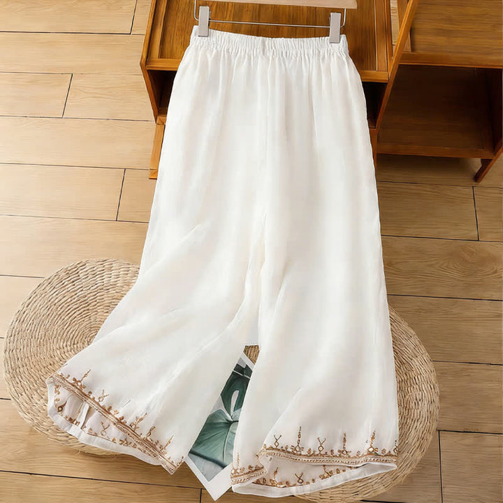 Buddha Stones Summer Boho Embroidery Solid Women's Wide Leg Pants With Pockets - image 7