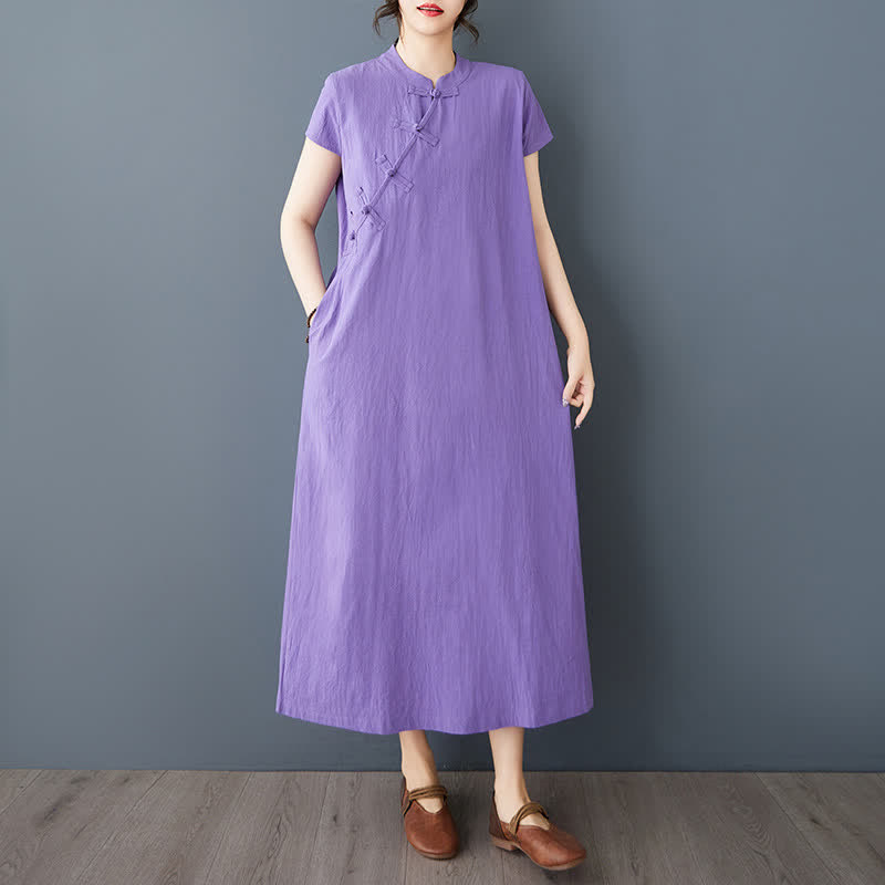 Buddha Stones Summer Minimalist Mandarin Collar Knot Button Solid Linen Women's Short Sleeve Dress With Pockets - image 14