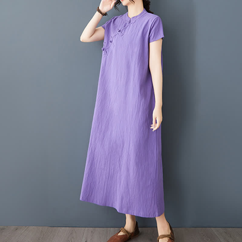Buddha Stones Summer Minimalist Mandarin Collar Knot Button Solid Linen Women's Short Sleeve Dress With Pockets - image 13