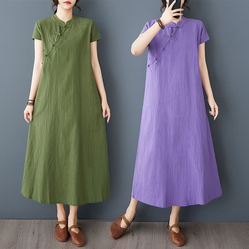 Buddha Stones Summer Minimalist Mandarin Collar Knot Button Solid Linen Women's Short Sleeve Dress With Pockets - image 15