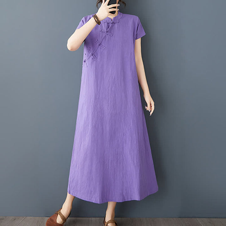 Buddha Stones Summer Minimalist Mandarin Collar Knot Button Solid Linen Women's Short Sleeve Dress With Pockets - MediumPurple - US8-10，UK/AU12-14，EU40-42 (XL) - image 10