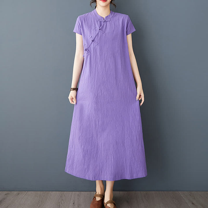 Buddha Stones Summer Minimalist Mandarin Collar Knot Button Solid Linen Women's Short Sleeve Dress With Pockets - image 11
