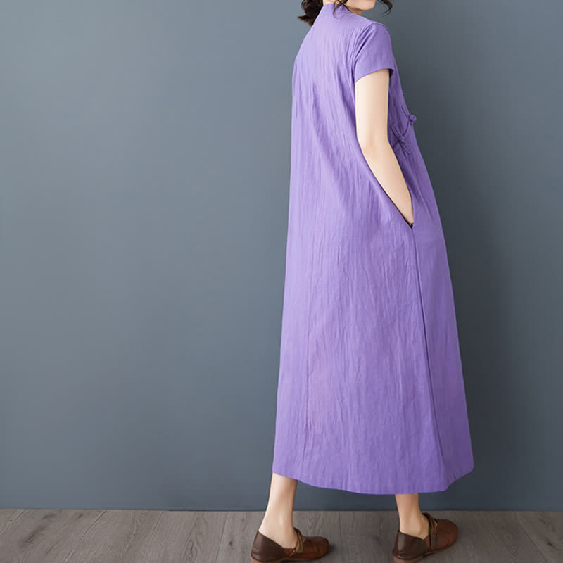 Buddha Stones Summer Minimalist Mandarin Collar Knot Button Solid Linen Women's Short Sleeve Dress With Pockets - image 12