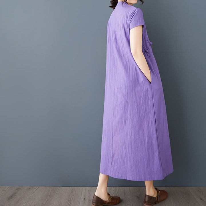 Buddha Stones Summer Minimalist Mandarin Collar Knot Button Solid Linen Women's Short Sleeve Dress With Pockets - image 12