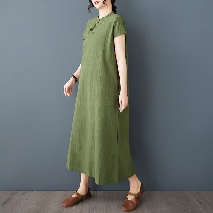 Buddha Stones Summer Minimalist Mandarin Collar Knot Button Solid Linen Women's Short Sleeve Dress With Pockets - image 4