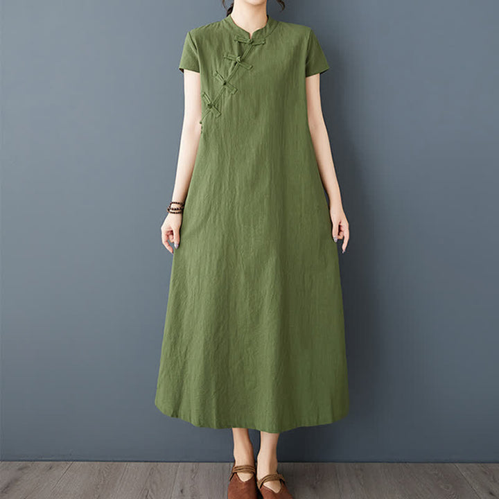 Buddha Stones Summer Minimalist Mandarin Collar Knot Button Solid Linen Women's Short Sleeve Dress With Pockets - image 2