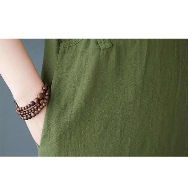 Buddha Stones Summer Minimalist Mandarin Collar Knot Button Solid Linen Women's Short Sleeve Dress With Pockets - image 8