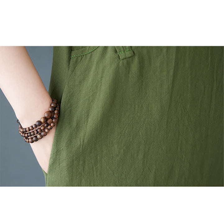 Buddha Stones Summer Minimalist Mandarin Collar Knot Button Solid Linen Women's Short Sleeve Dress With Pockets - image 8