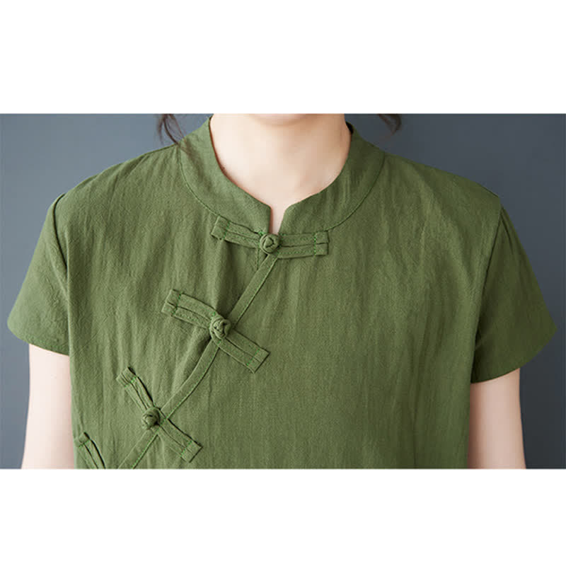 Buddha Stones Summer Minimalist Mandarin Collar Knot Button Solid Linen Women's Short Sleeve Dress With Pockets - image 5