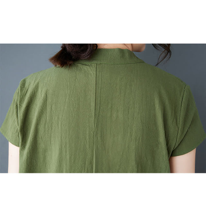 Buddha Stones Summer Minimalist Mandarin Collar Knot Button Solid Linen Women's Short Sleeve Dress With Pockets - image 7