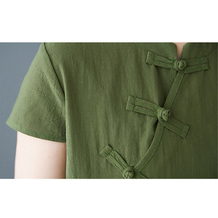 Buddha Stones Summer Minimalist Mandarin Collar Knot Button Solid Linen Women's Short Sleeve Dress With Pockets - image 6