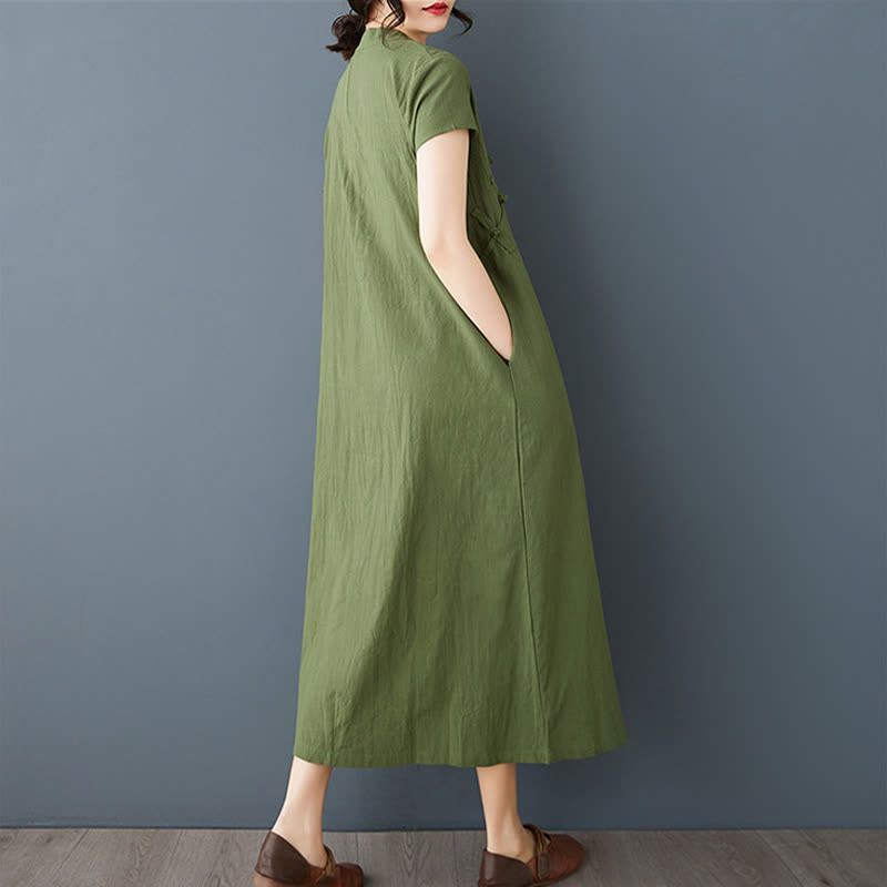 Buddha Stones Summer Minimalist Mandarin Collar Knot Button Solid Linen Women's Short Sleeve Dress With Pockets - image 3