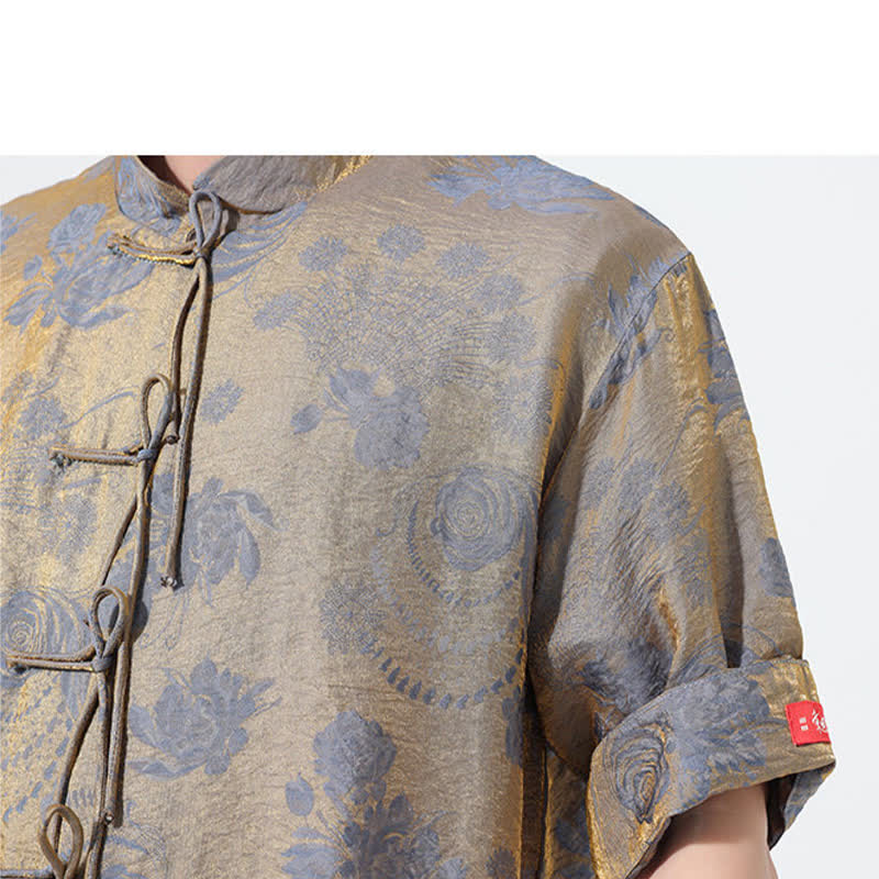 Buddha Stones Summer Tang Style Mandarin Collar Floral Jacquard Men's Short Sleeve Shirt With Pockets - image 10