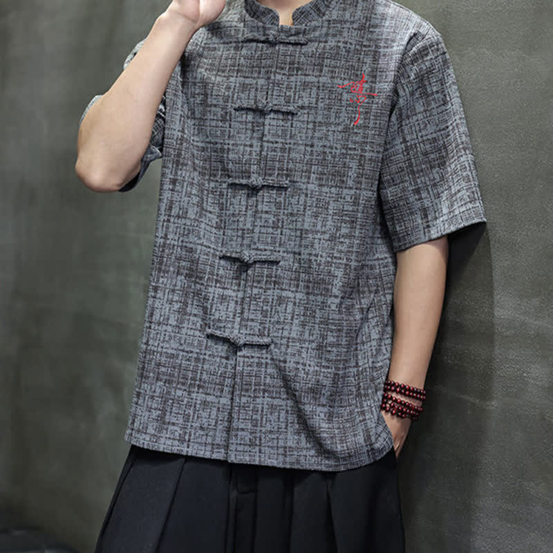 Buddha Stones Summer Casual Mandarin Collar Frog Button Solid Men's Short Sleeve Shirt - image 6