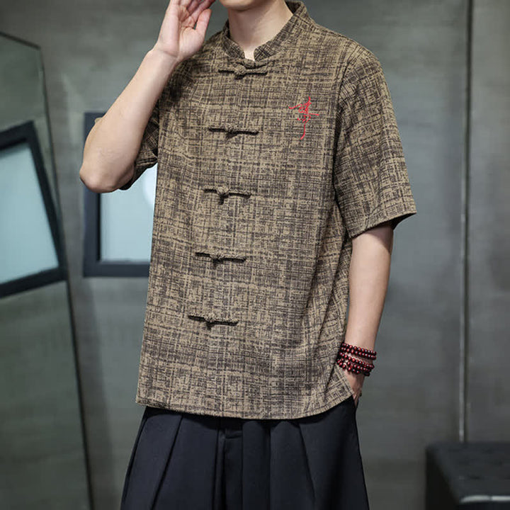 Buddha Stones Summer Casual Mandarin Collar Frog Button Solid Men's Short Sleeve Shirt - image 14