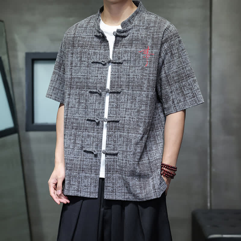Buddha Stones Summer Casual Mandarin Collar Frog Button Solid Men's Short Sleeve Shirt - image 5