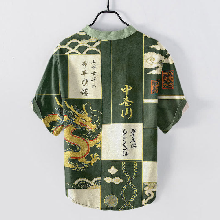 Buddha Stones Cotton Golden Dragon Cloud Wave Emblem Men's Short Sleeve Half Button Shirt - image 1