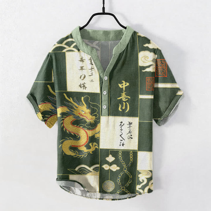 Buddha Stones Cotton Golden Dragon Cloud Wave Emblem Men's Short Sleeve Half Button Shirt - SeaGreen - US/UK/AU50，EU60 (5XL) - image 0