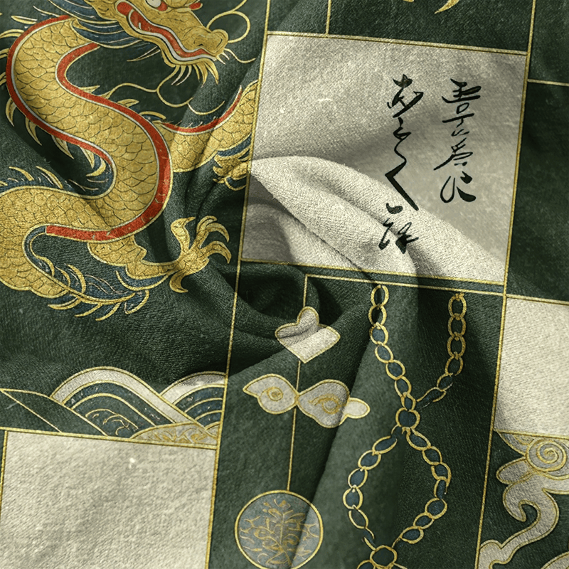 Buddha Stones Cotton Golden Dragon Cloud Wave Emblem Men's Short Sleeve Half Button Shirt - image 4