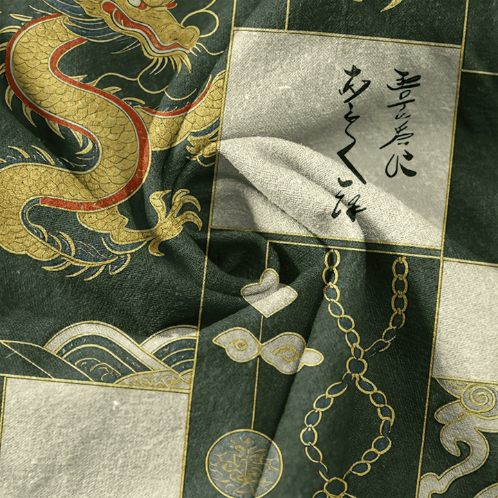 Buddha Stones Cotton Golden Dragon Cloud Wave Emblem Men's Short Sleeve Half Button Shirt - image 4